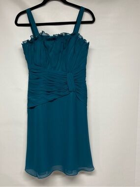 Jade Teal Chiffon Midi Dress with Ruched Waist and Beaded Neckline